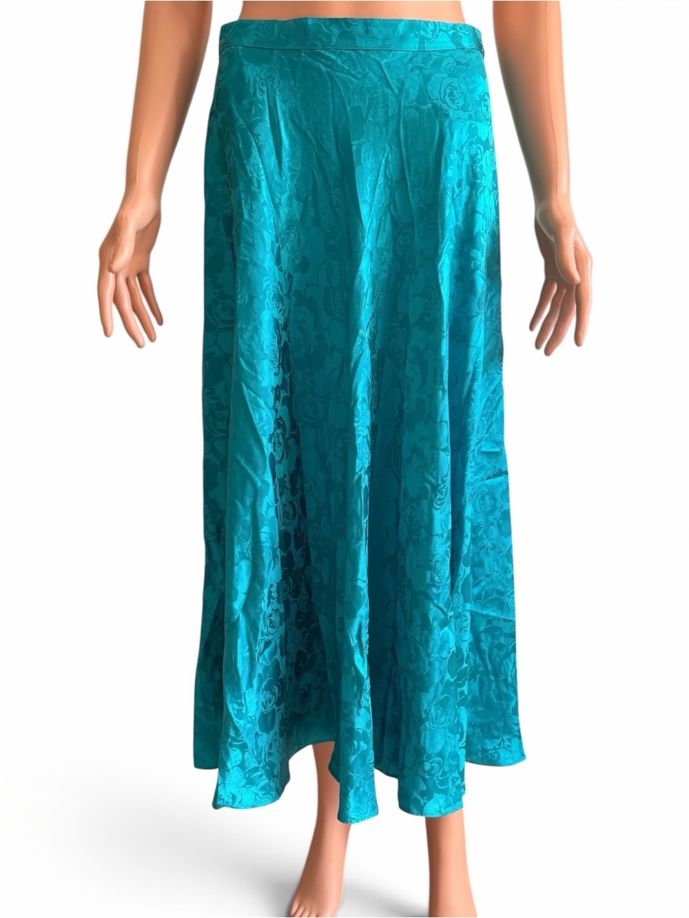Vintage 90s Adrianna Papell 100% Silk Teal Floral Rose Jacquard Maxi Skirt